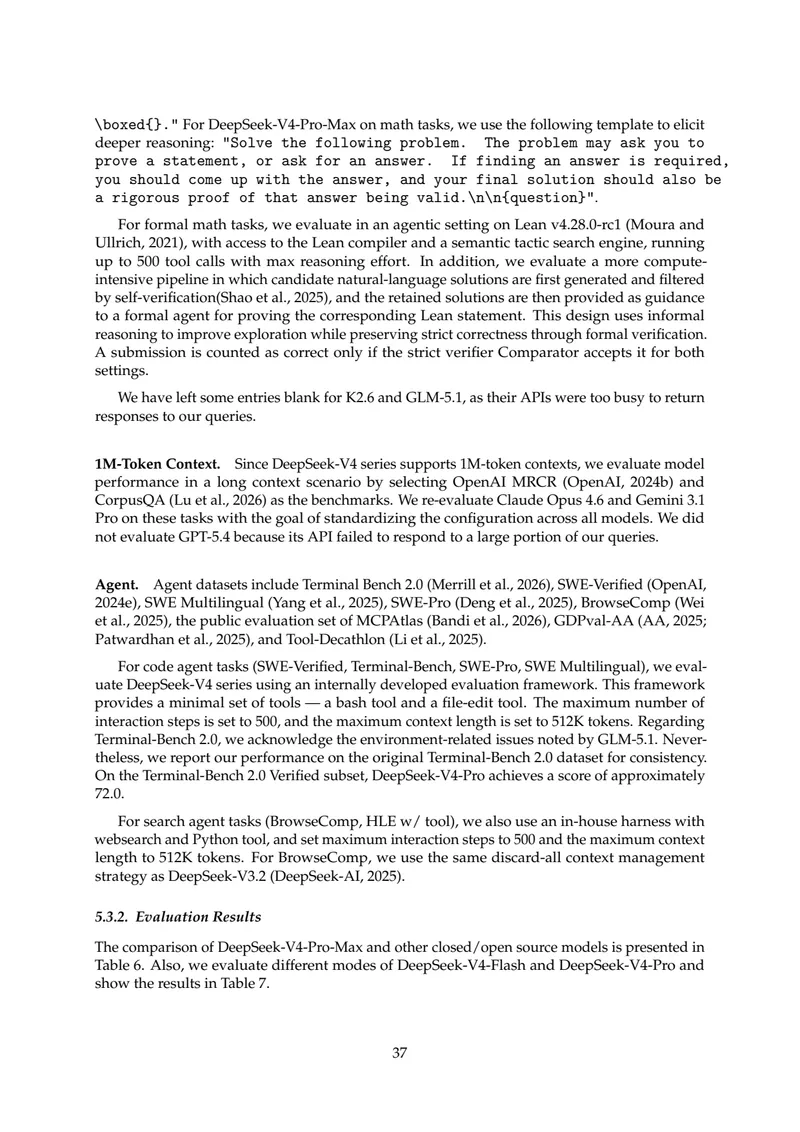 Table 6: DeepSeek-V4-Pro-Max vs closed/open source models (page 1)