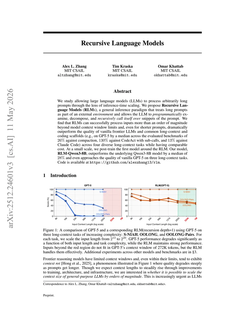 Figure 1: GPT-5 vs RLM performance across context lengths